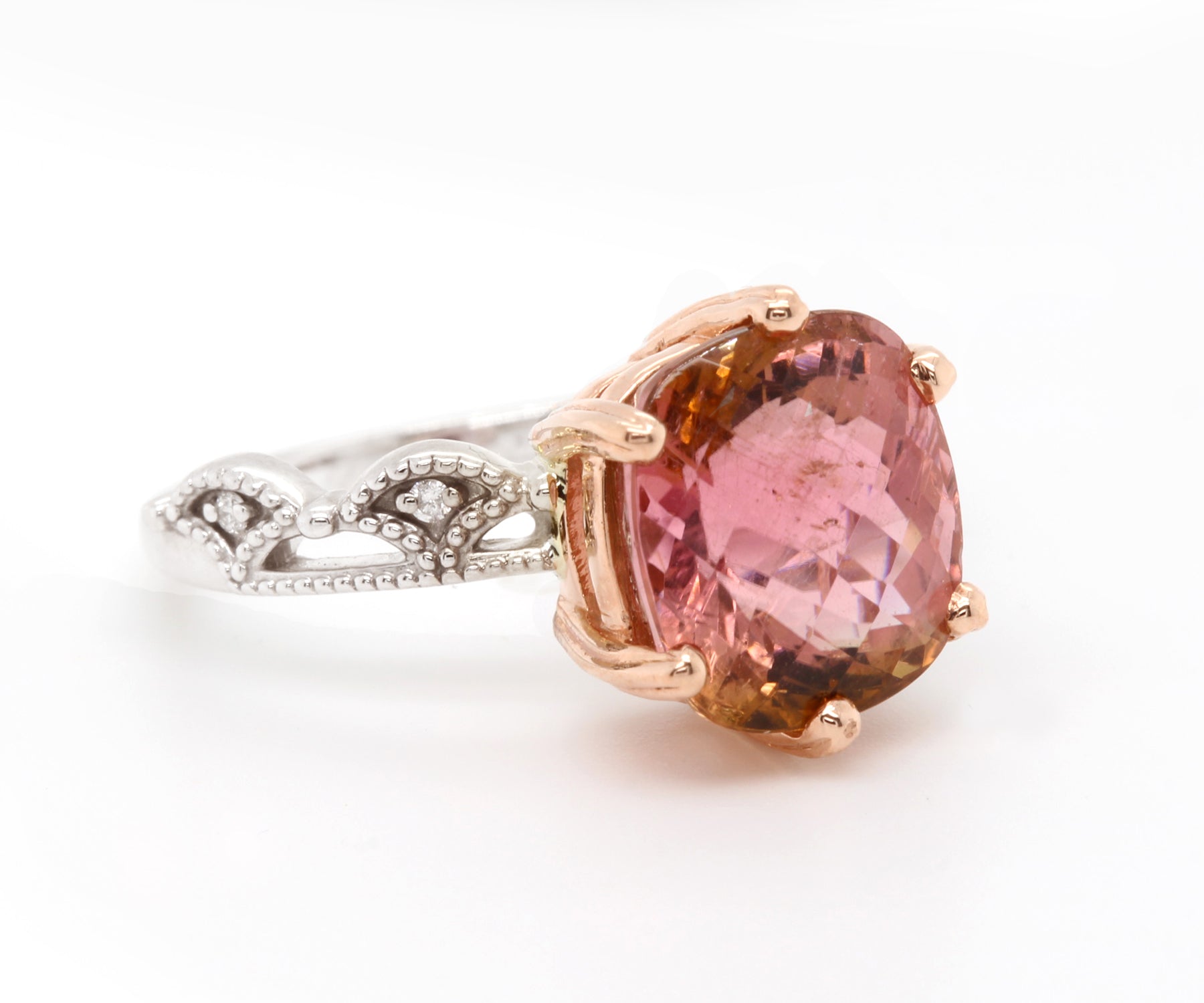Peach Cushion Tourmaline Dainty Crown Ring