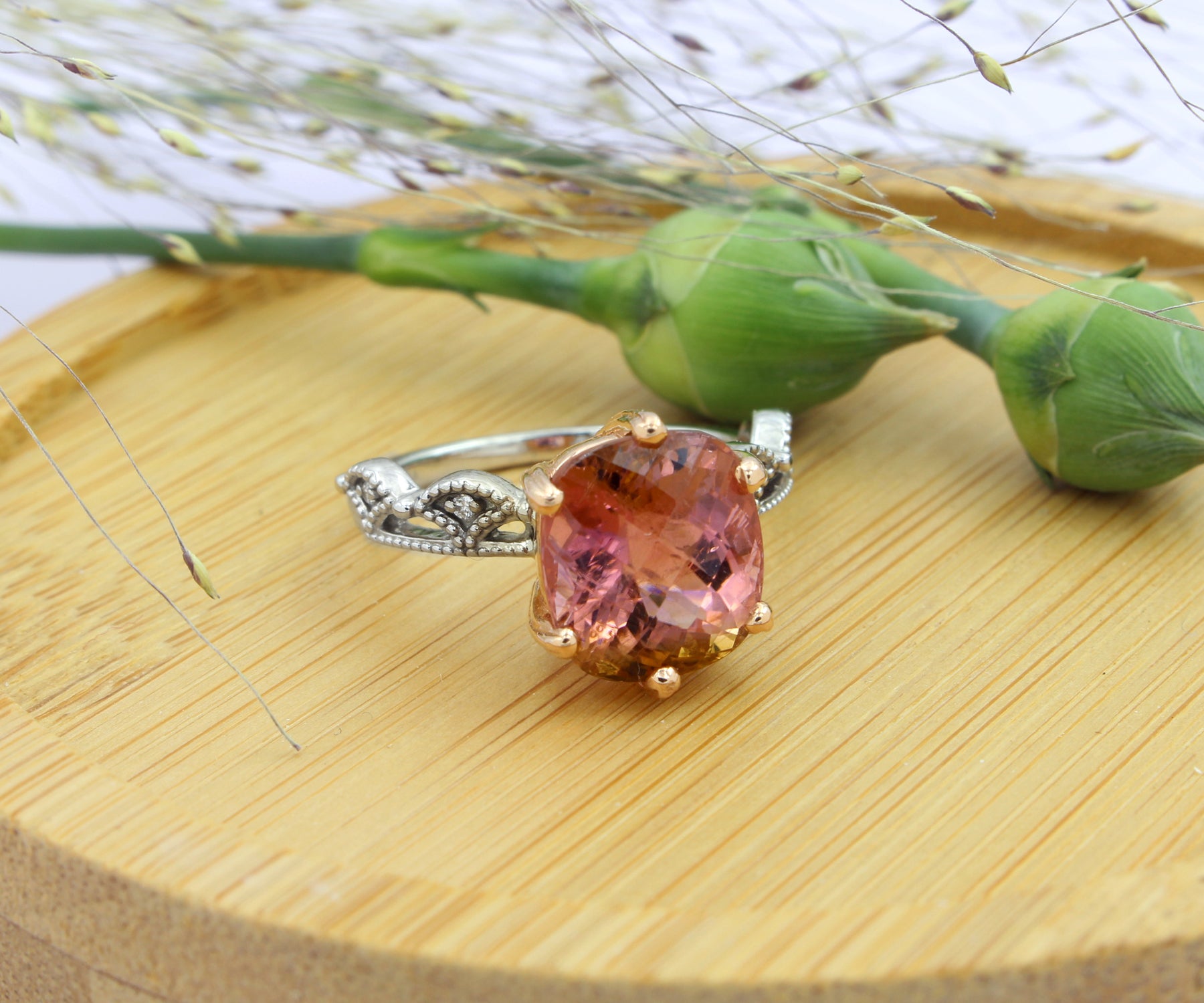 Peach Cushion Tourmaline Dainty Crown Ring