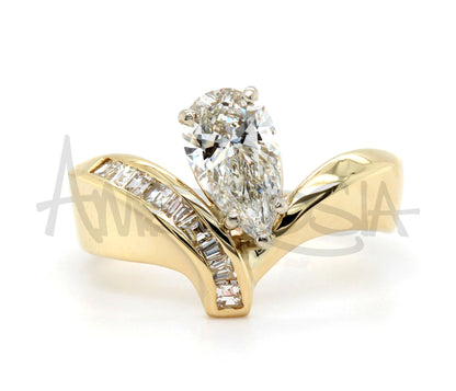 Offset Asymmetrical Pear Diamond Gold Ring
