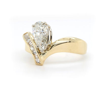 Offset Asymmetrical Pear Diamond Gold Ring