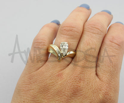 Offset Asymmetrical Pear Diamond Gold Ring
