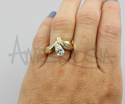 Offset Asymmetrical Pear Diamond Gold Ring