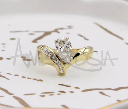 Offset Asymmetrical Pear Diamond Gold Ring