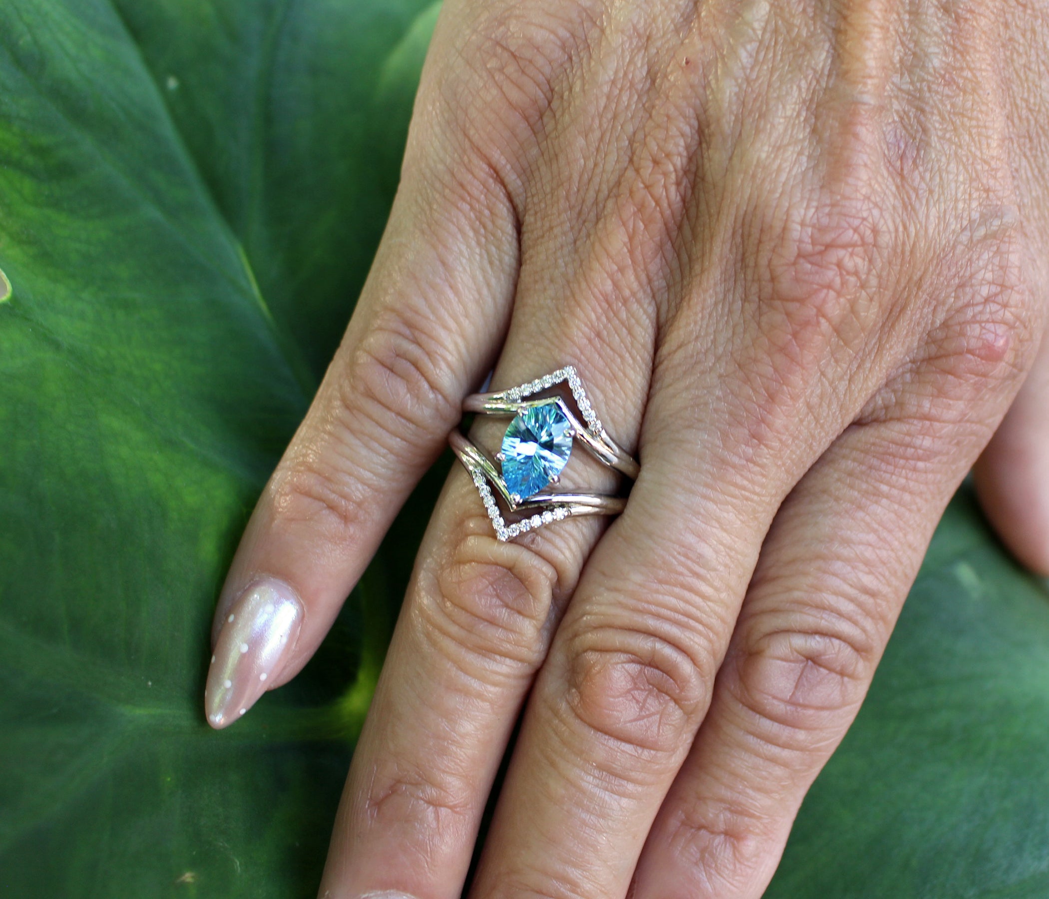 Pear Topaz Double V-Shaped Diamond Ring