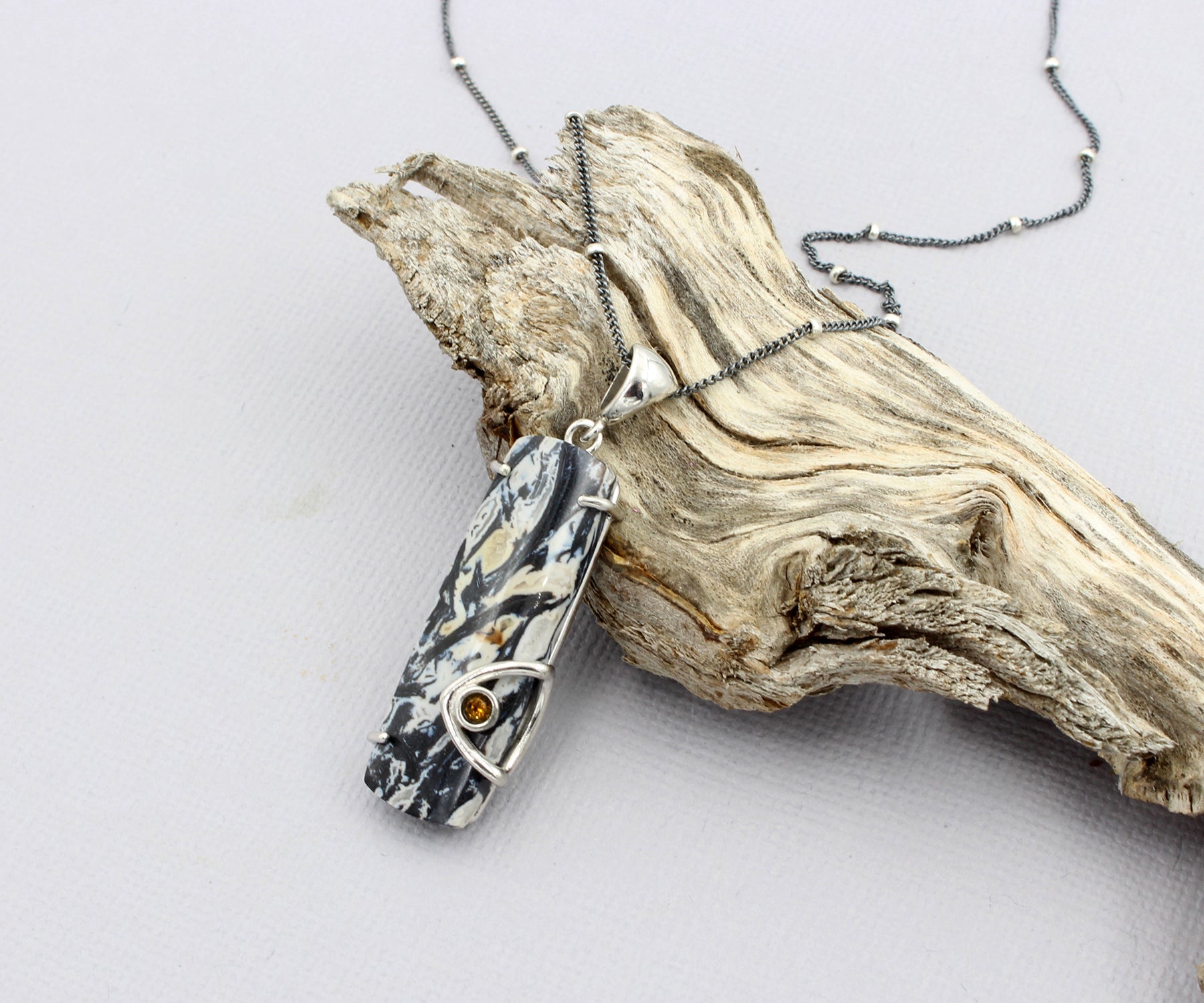 Petrified Spruce Wood Triangle Citrine Necklace