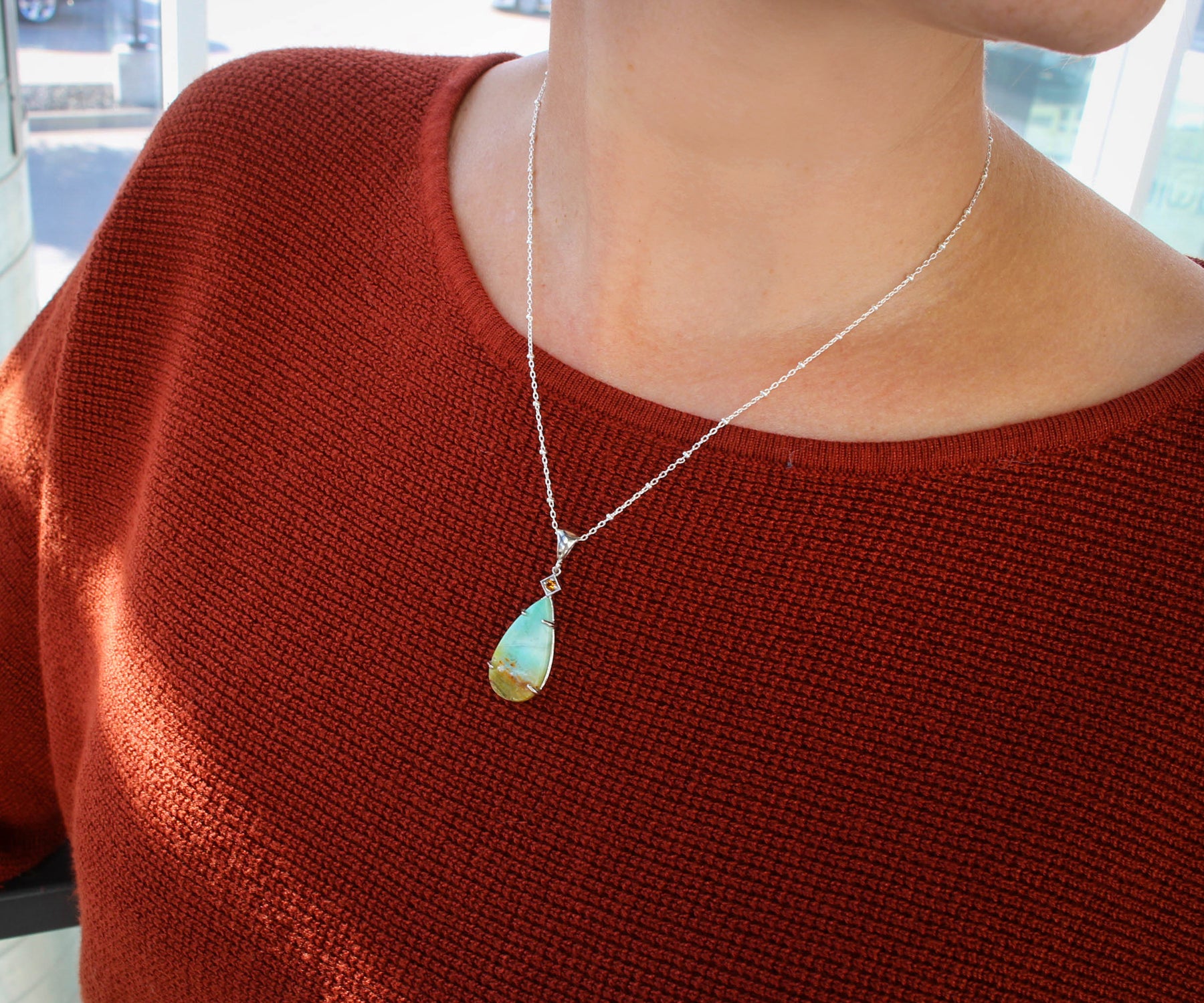 Beach Opal Petrified Wood Medium Teardrop Necklace