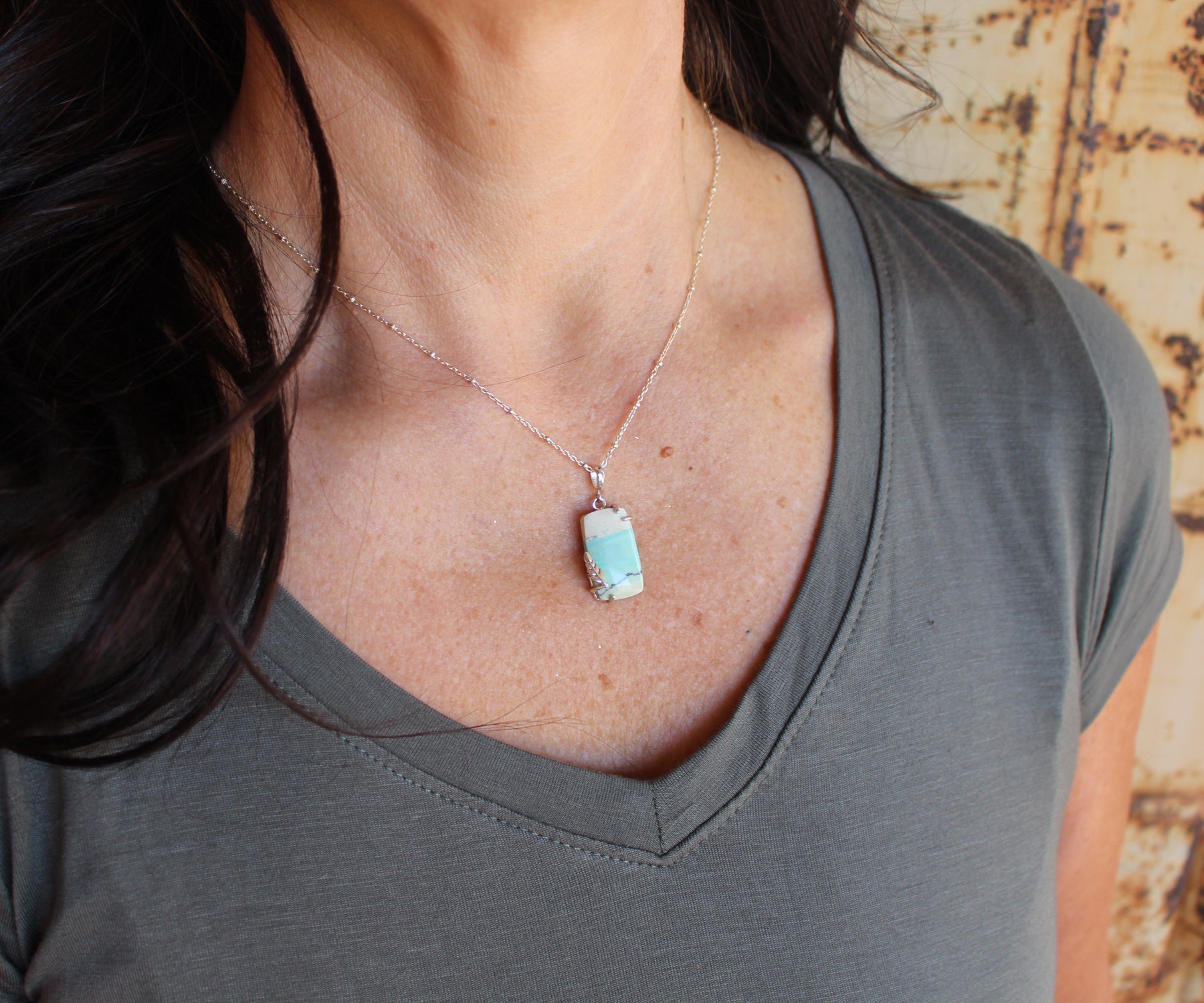 Beach Opal Petrified Wood Leaf Necklace