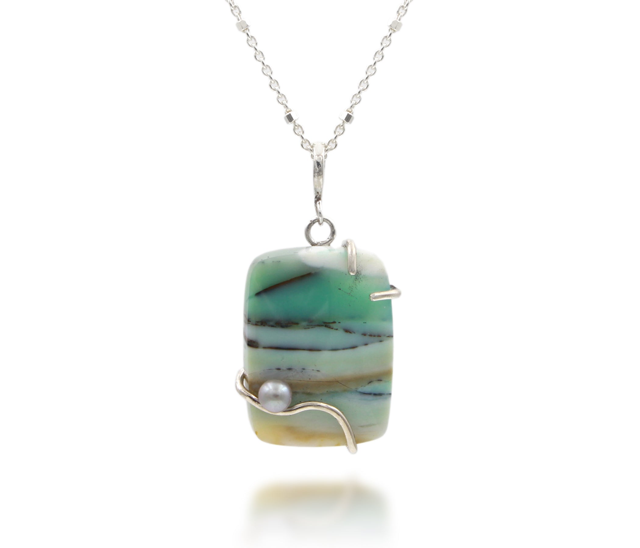 Beach Opal Petrified Wood Rectangular Wave Pearl Necklace