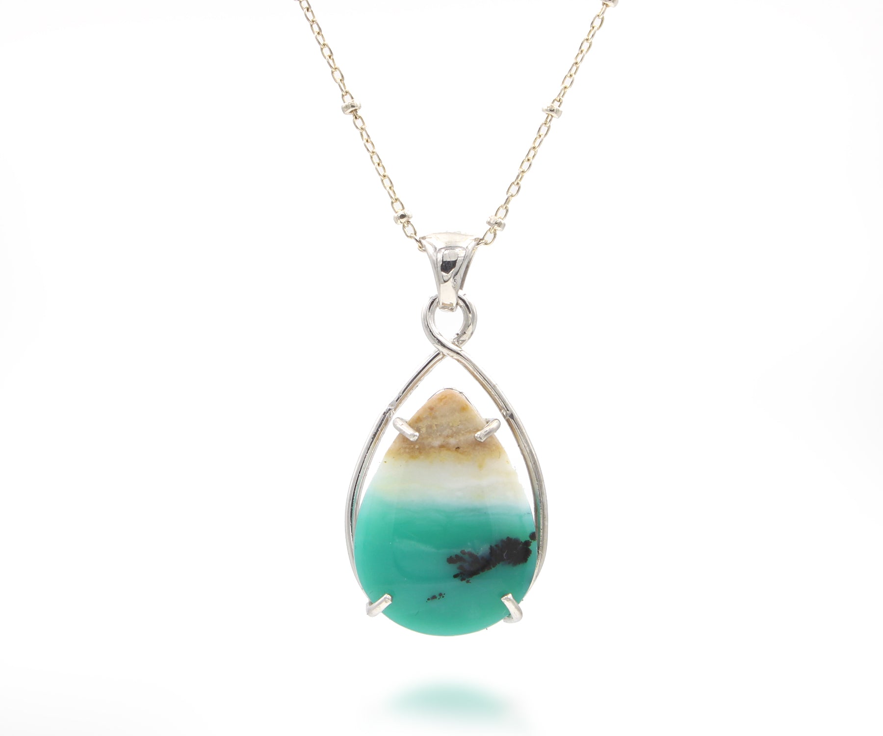 Beach Opal Petrified Wood Twist Teardrop Necklace
