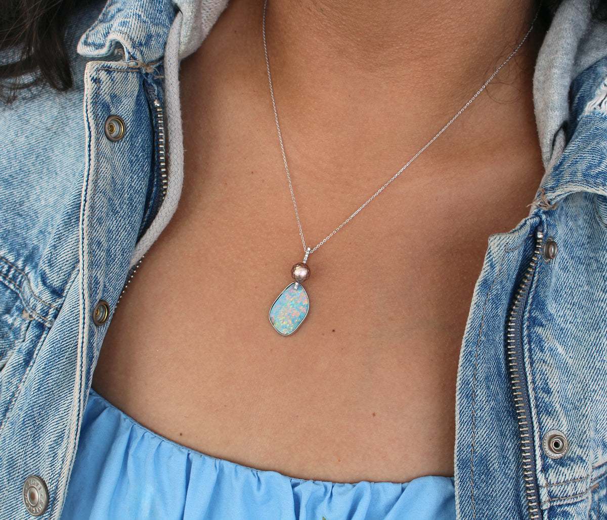 Pink Pearl Pastel Opal Diamond Necklace