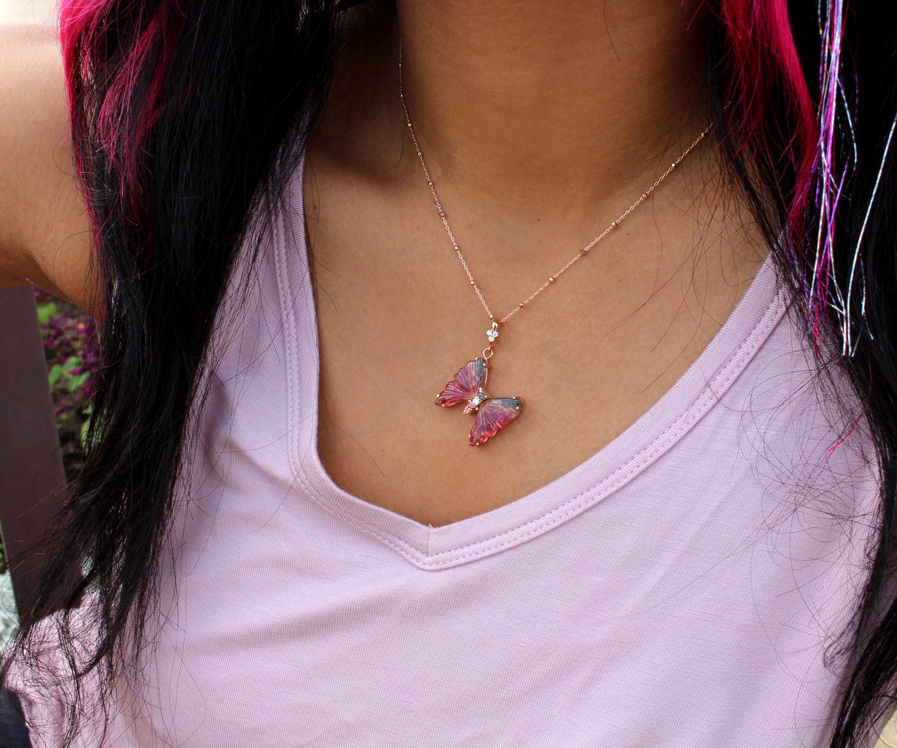 Colorful Pink and Teal Tourmaline Butterfly Necklace