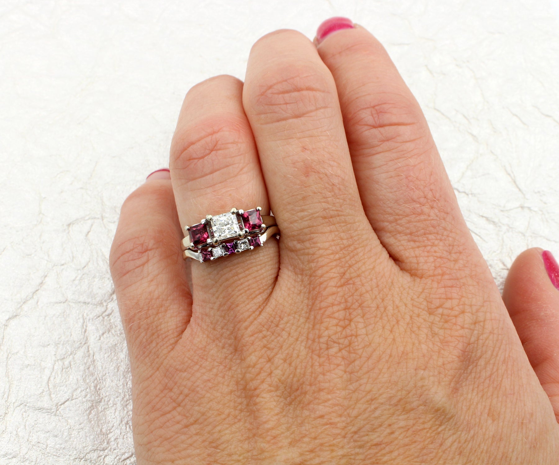 Princess Cut Rhodolite Garnet Wedding Ring