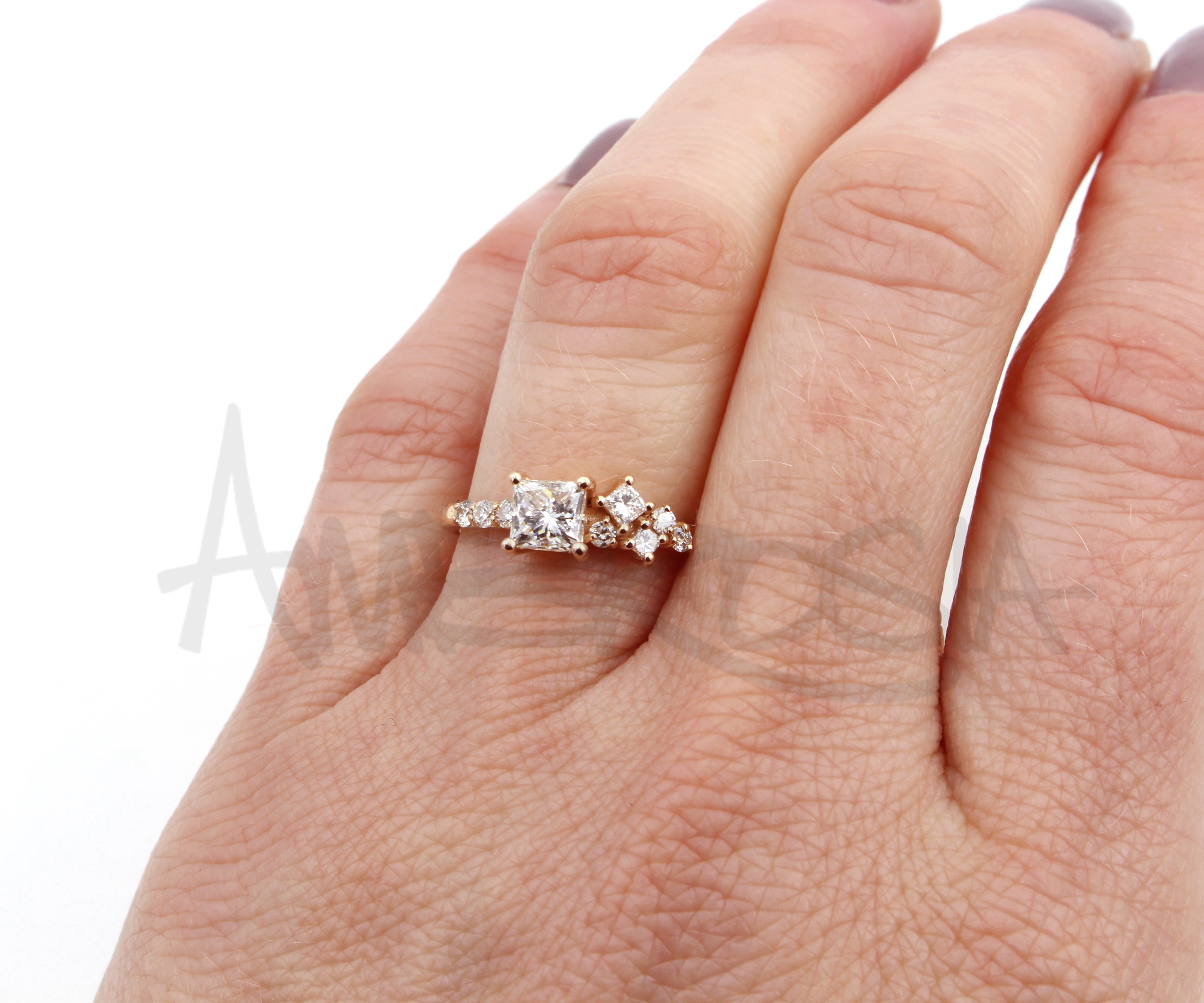 Princess Diamond Offset Cluster Rose Gold Ring