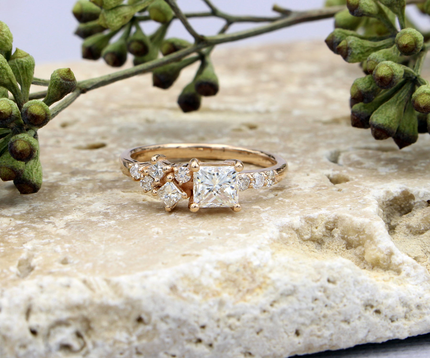 Princess Diamond Offset Cluster Rose Gold Ring