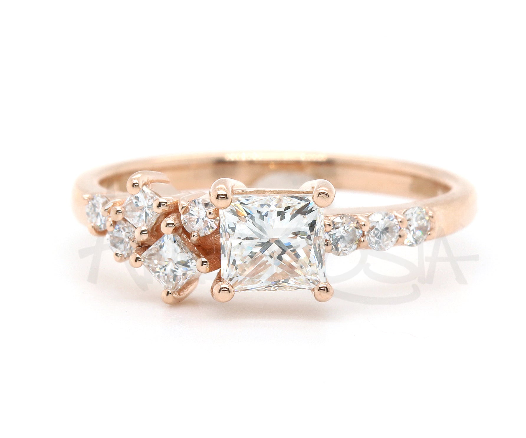 Princess Diamond Offset Cluster Rose Gold Ring