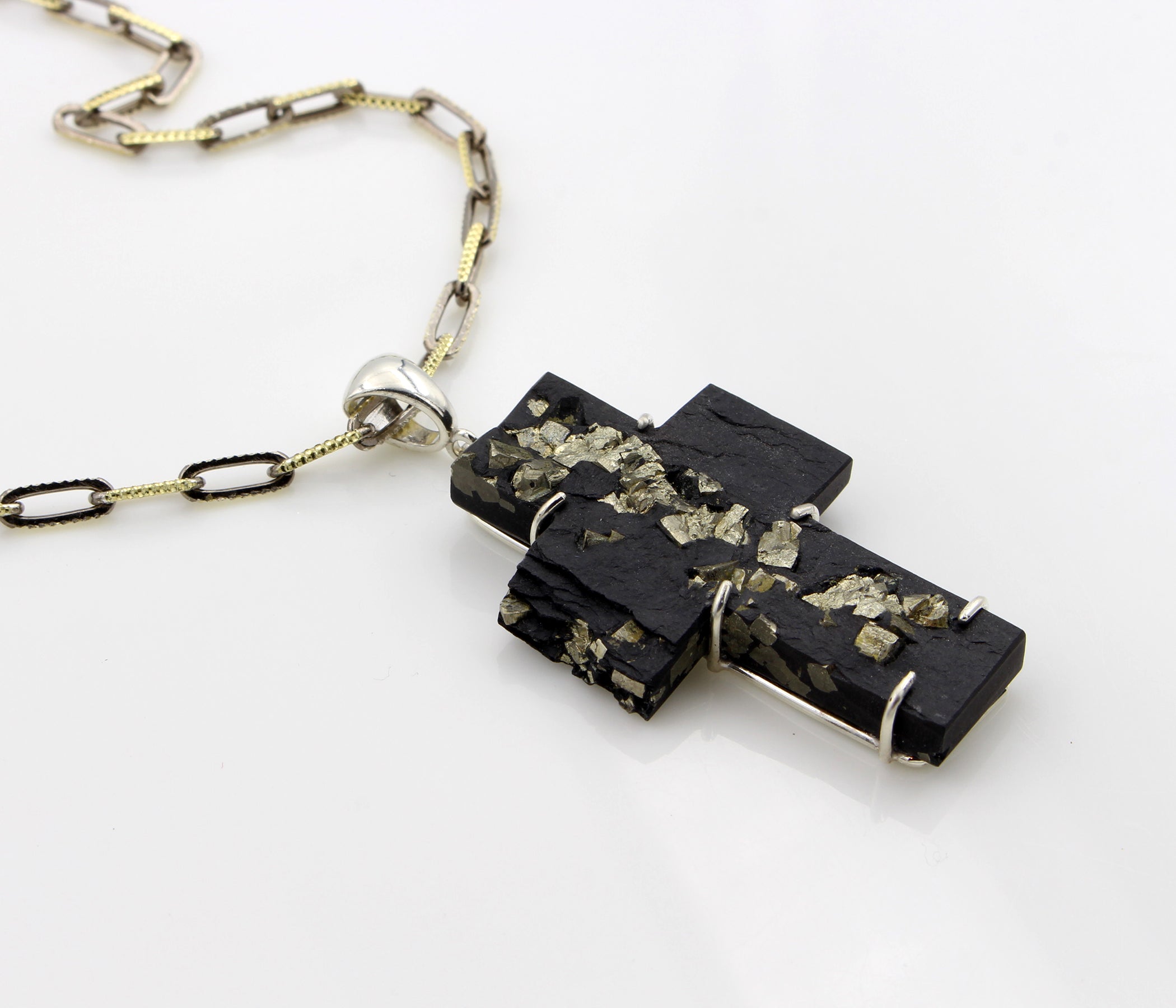 Textured Nugget Pyrite Cross Necklace