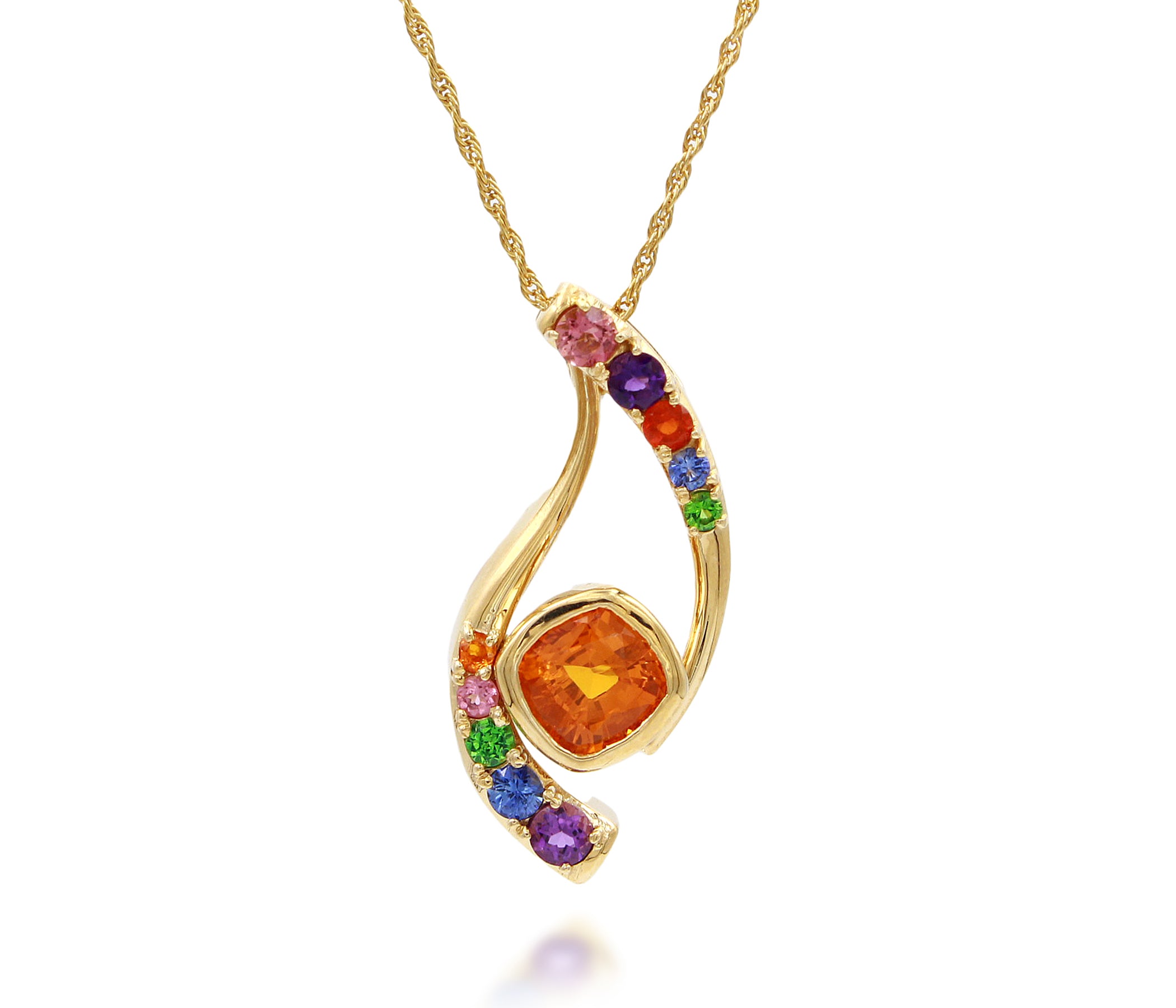 Curved Rainbow Orange Sapphire Gold Necklace