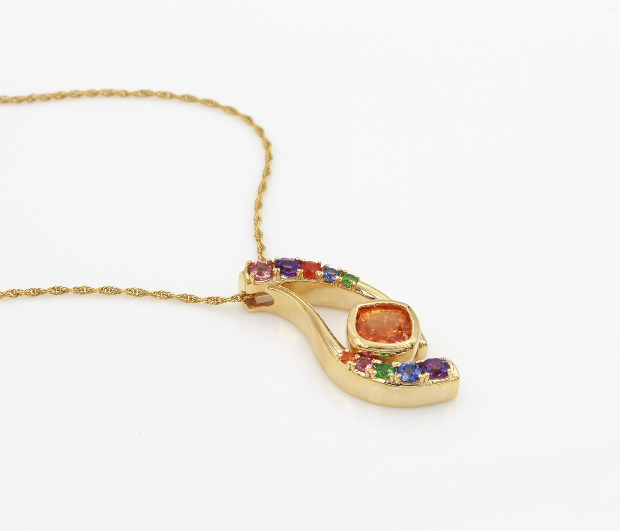 Curved Rainbow Orange Sapphire Gold Necklace