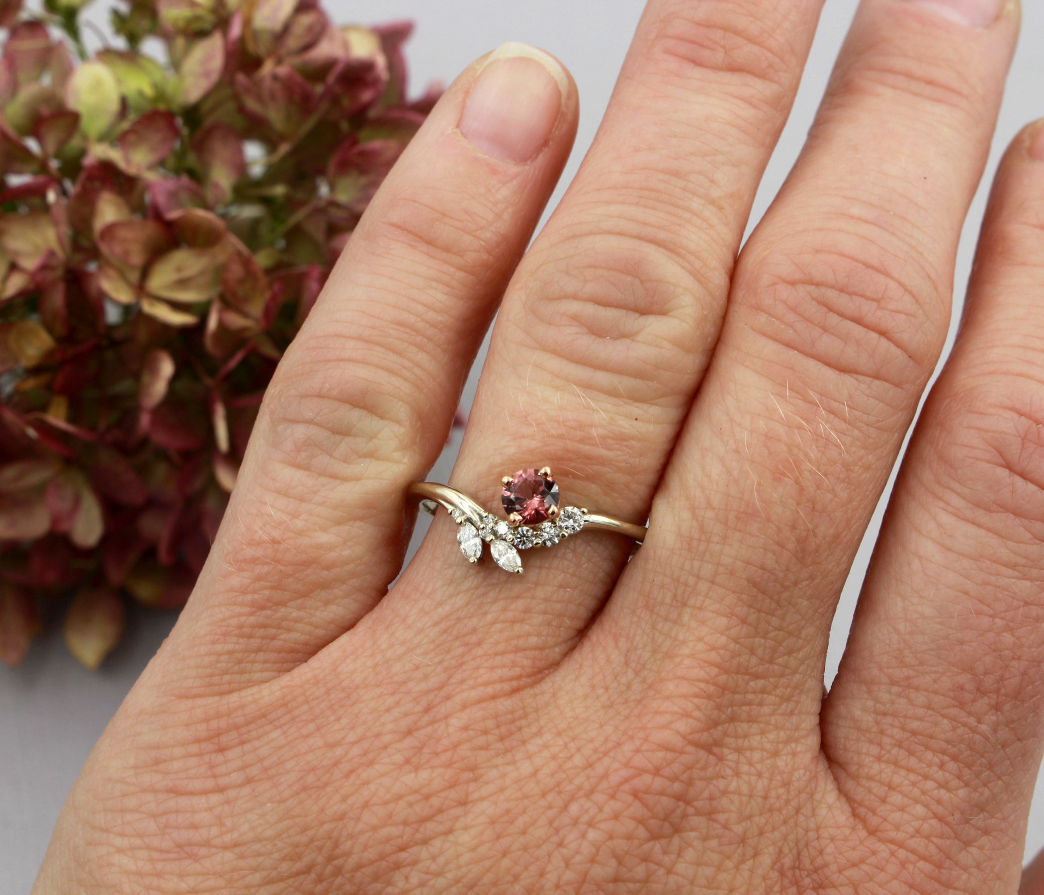 Dainty Floral Rose Garnet Diamond Ring