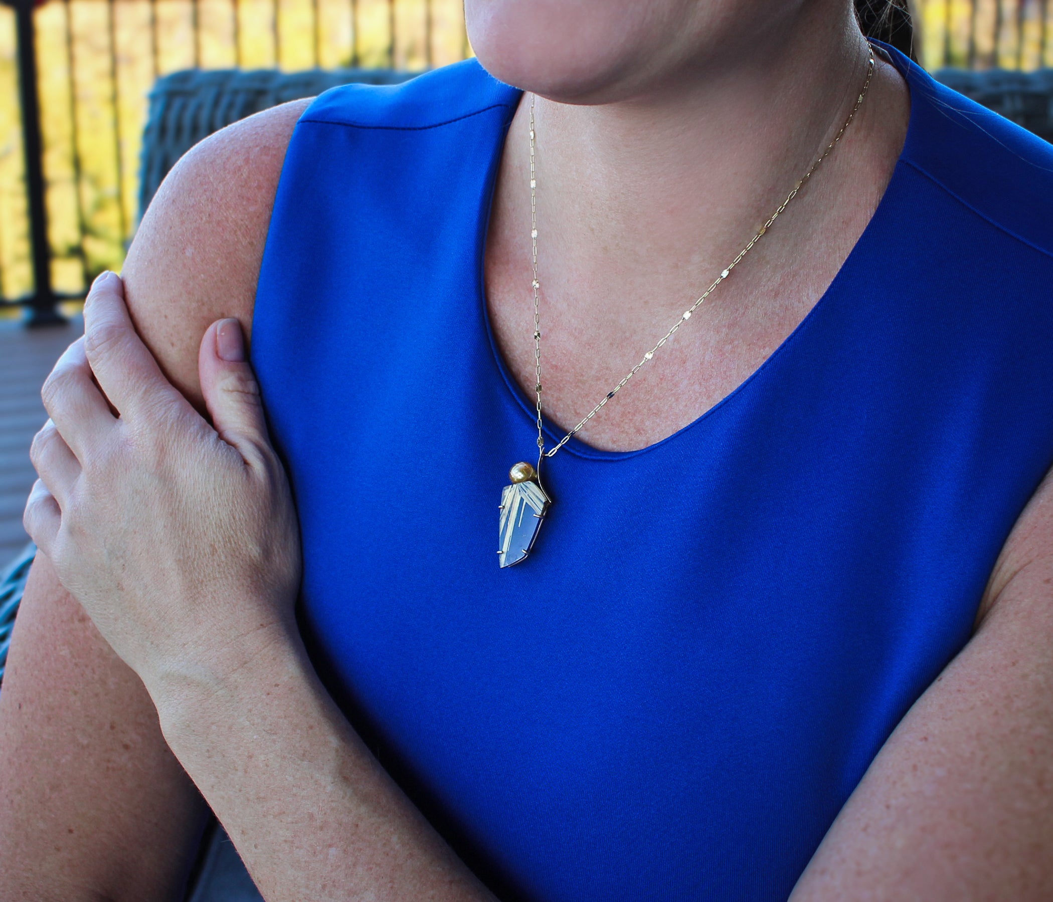 Curved Pearl Rutilated Quartz Lapis Necklace