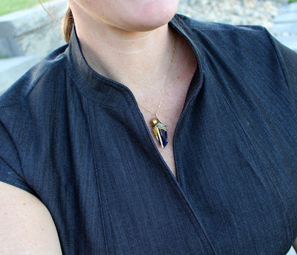 Curved Pearl Rutilated Quartz Lapis Necklace