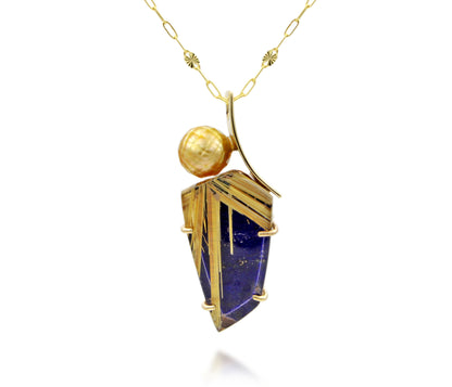 Curved Pearl Rutilated Quartz Lapis Gold Necklace