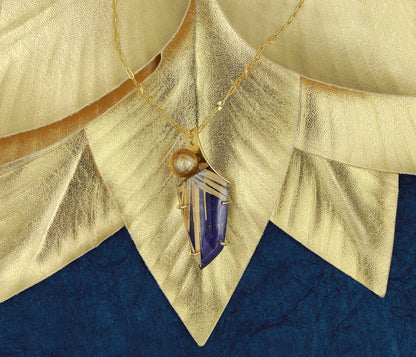 Curved Pearl Rutilated Quartz Lapis Necklace