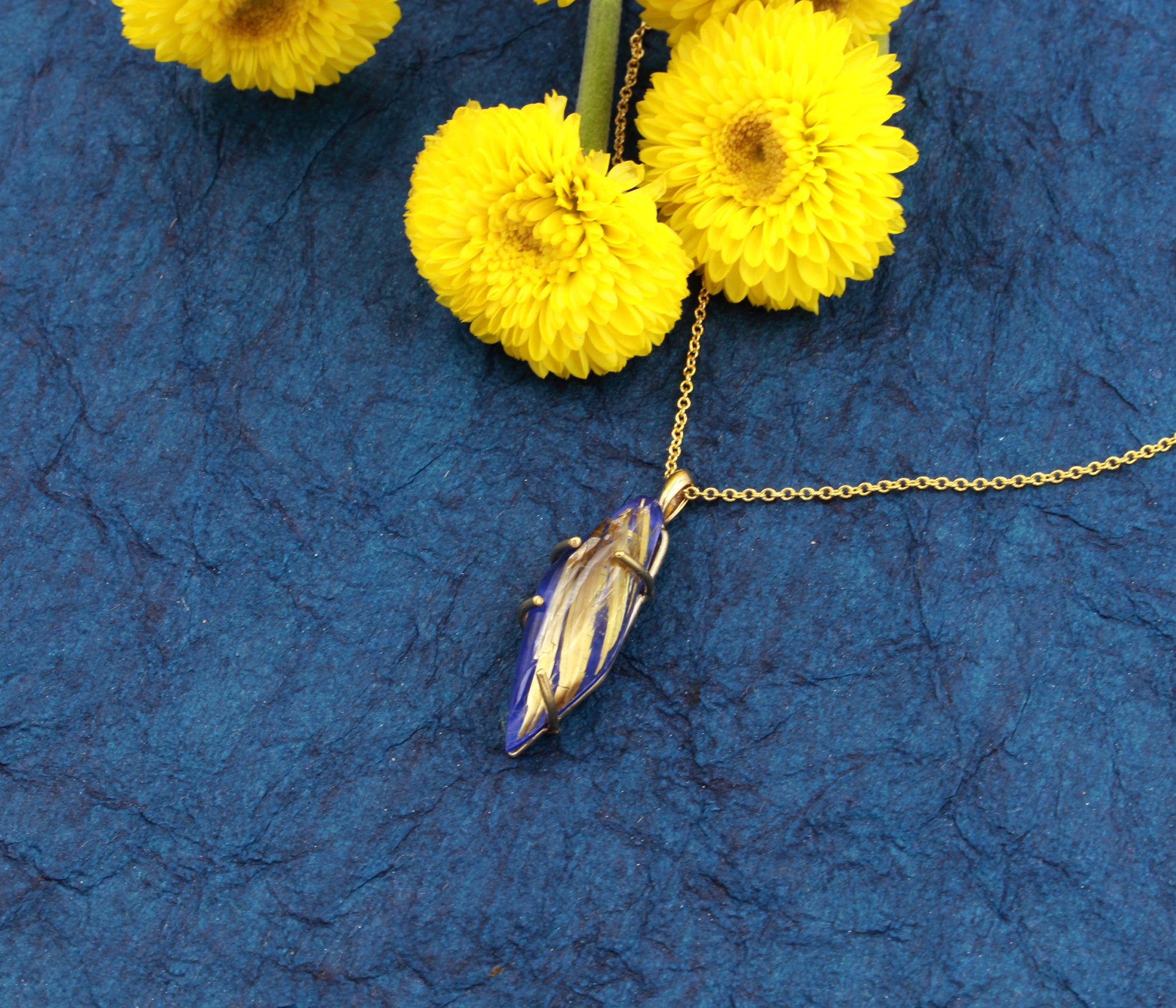 Angular Rutilated Quartz Lapis Gold Necklace