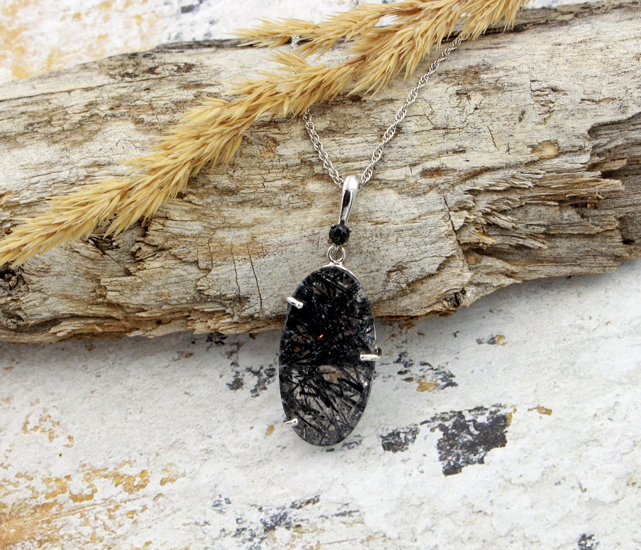 Natural Rutilated Quartz Oval White Gold Necklace