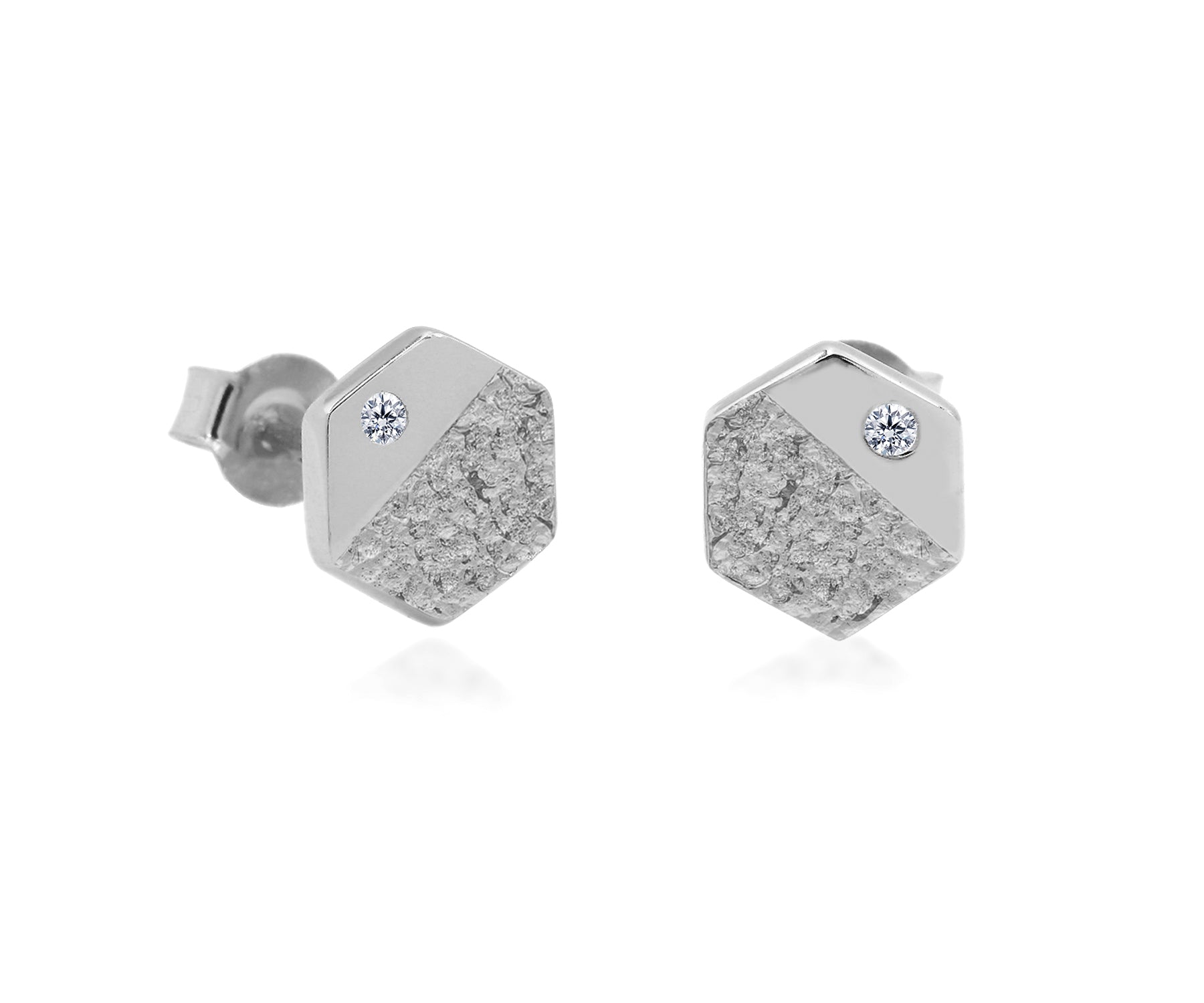 Hammered Small Hexagon Crystal Silver Stud Earrings