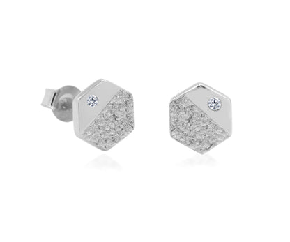 Hammered Small Hexagon Crystal Silver Earrings