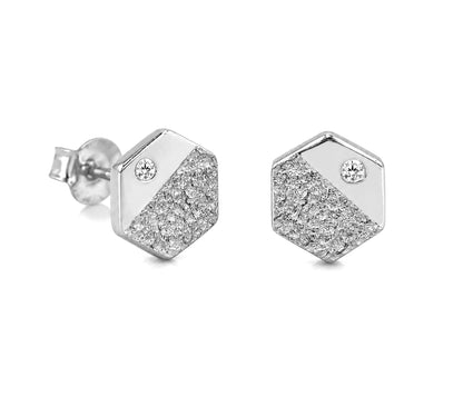 Hammered Small Hexagon Crystal Silver Earrings