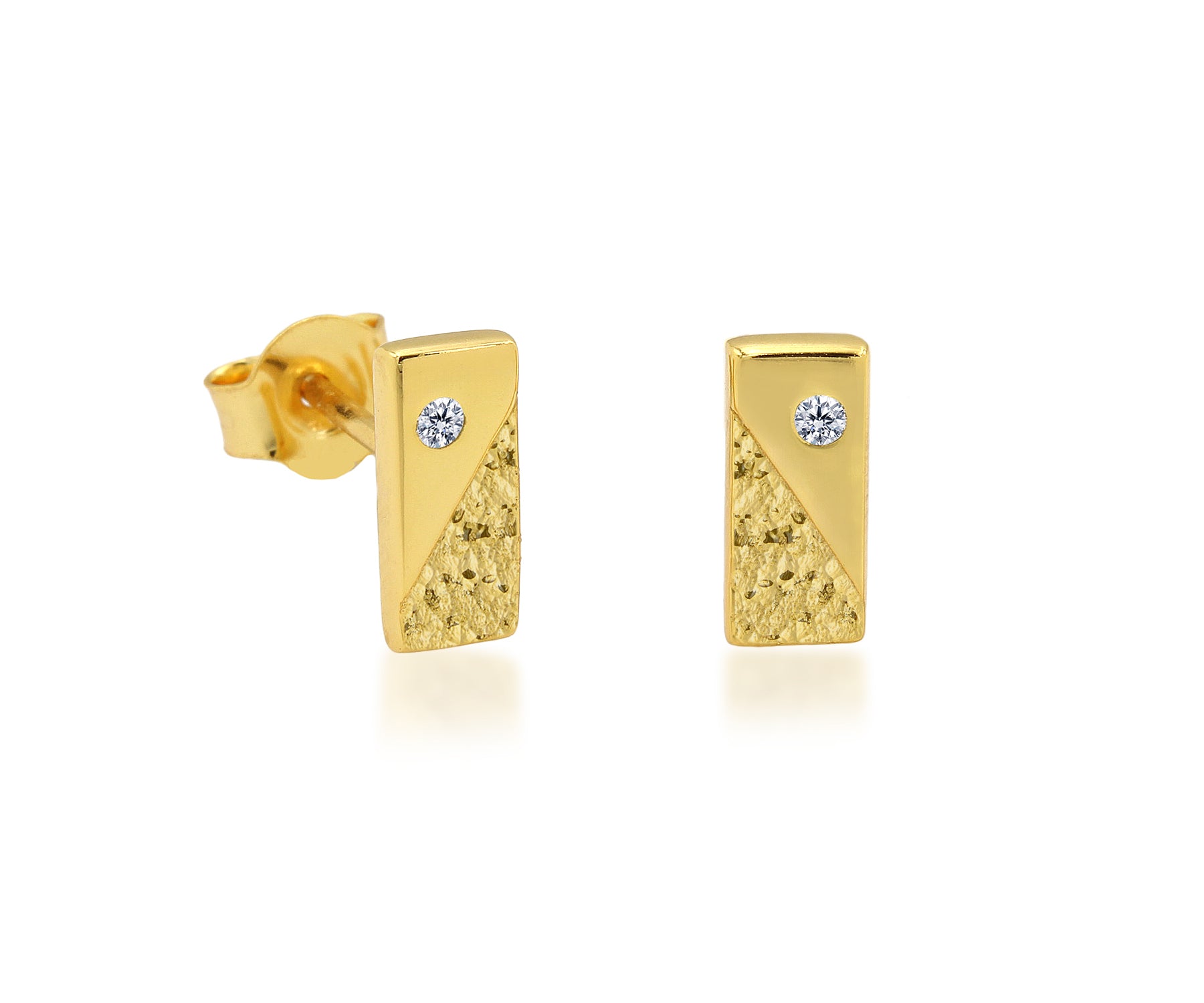 Hammered Small Rectangle Crystal Gold Stud Earrings