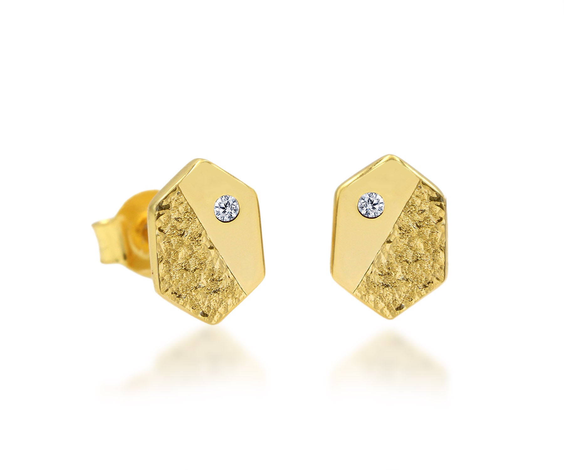 Hammered Small Long Hexagon Crystal Gold Earrings