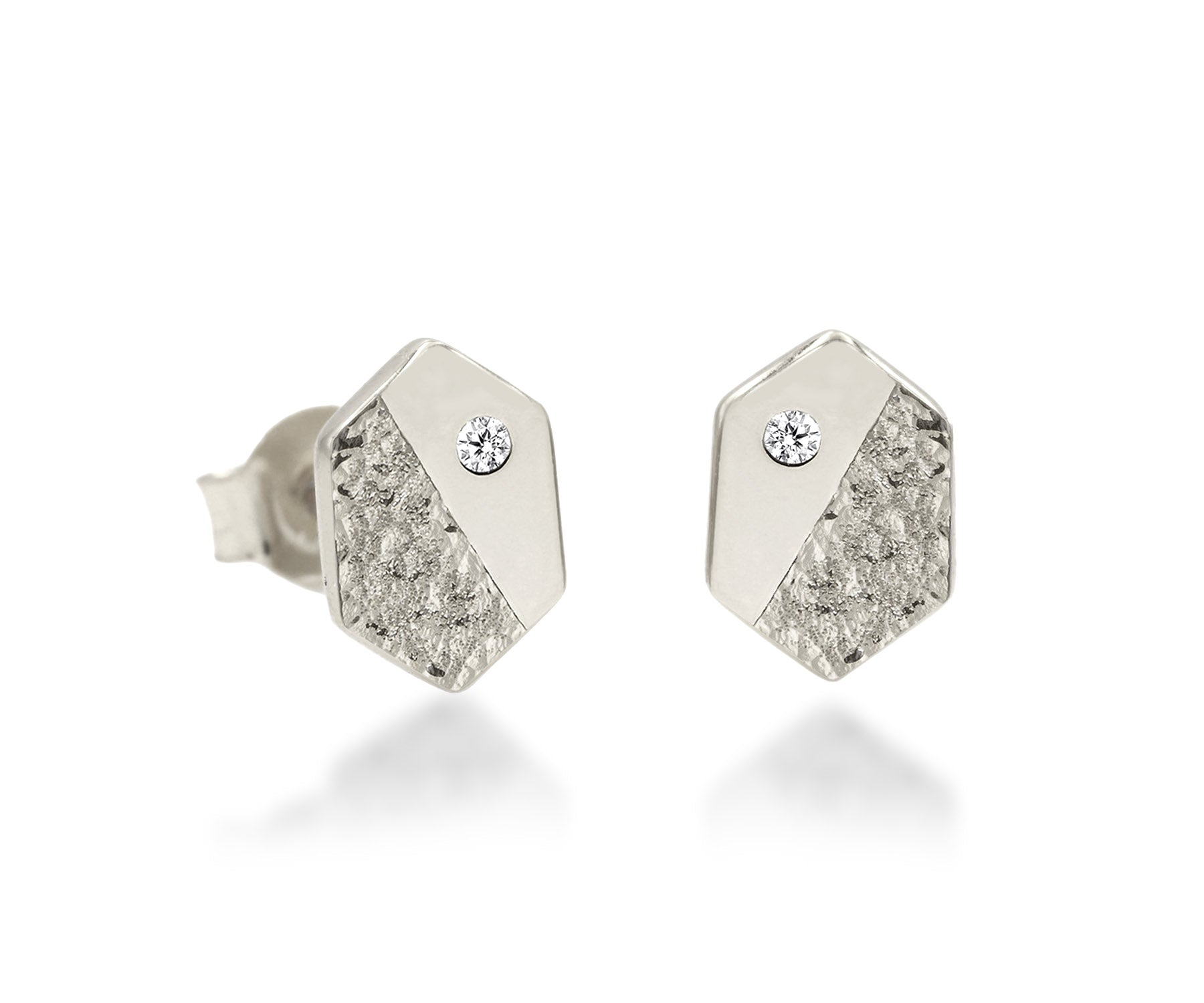 Hammered Small Long Hexagon Crystal Silver Earrings