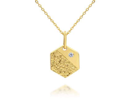 Hammered Small Hexagon Crystal Gold Necklace