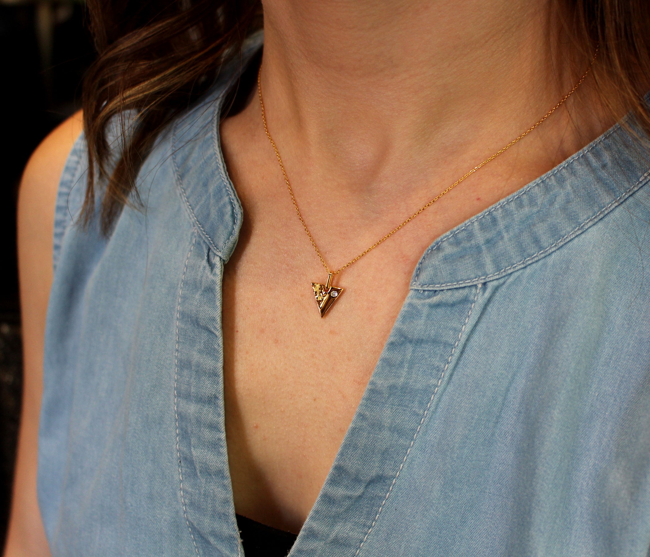 Hammered Small Triangle Crystal Gold Necklace