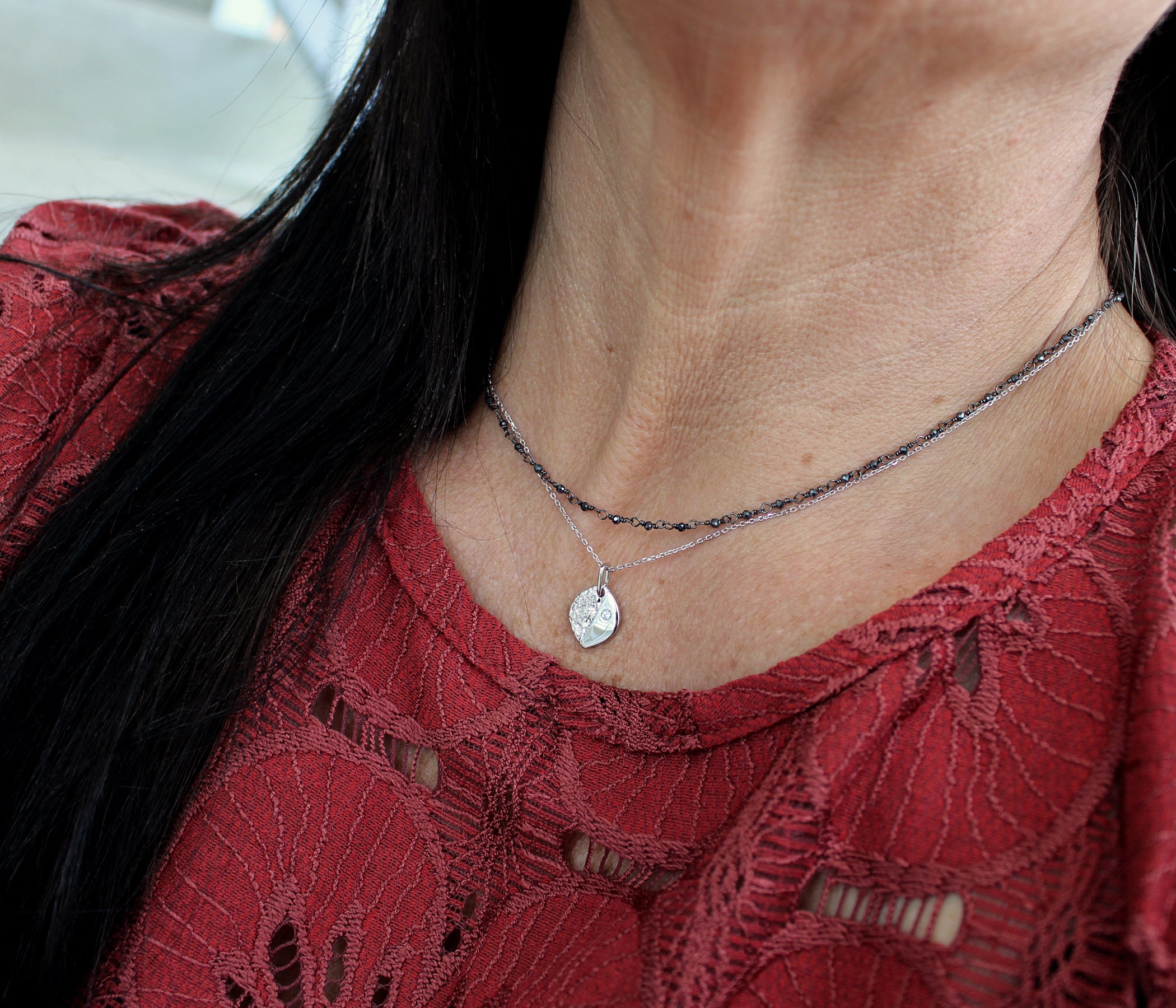 Hammered Small Marquise Crystal Silver Necklace