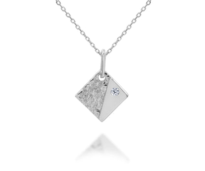 Hammered Small Square Crystal Silver Necklace