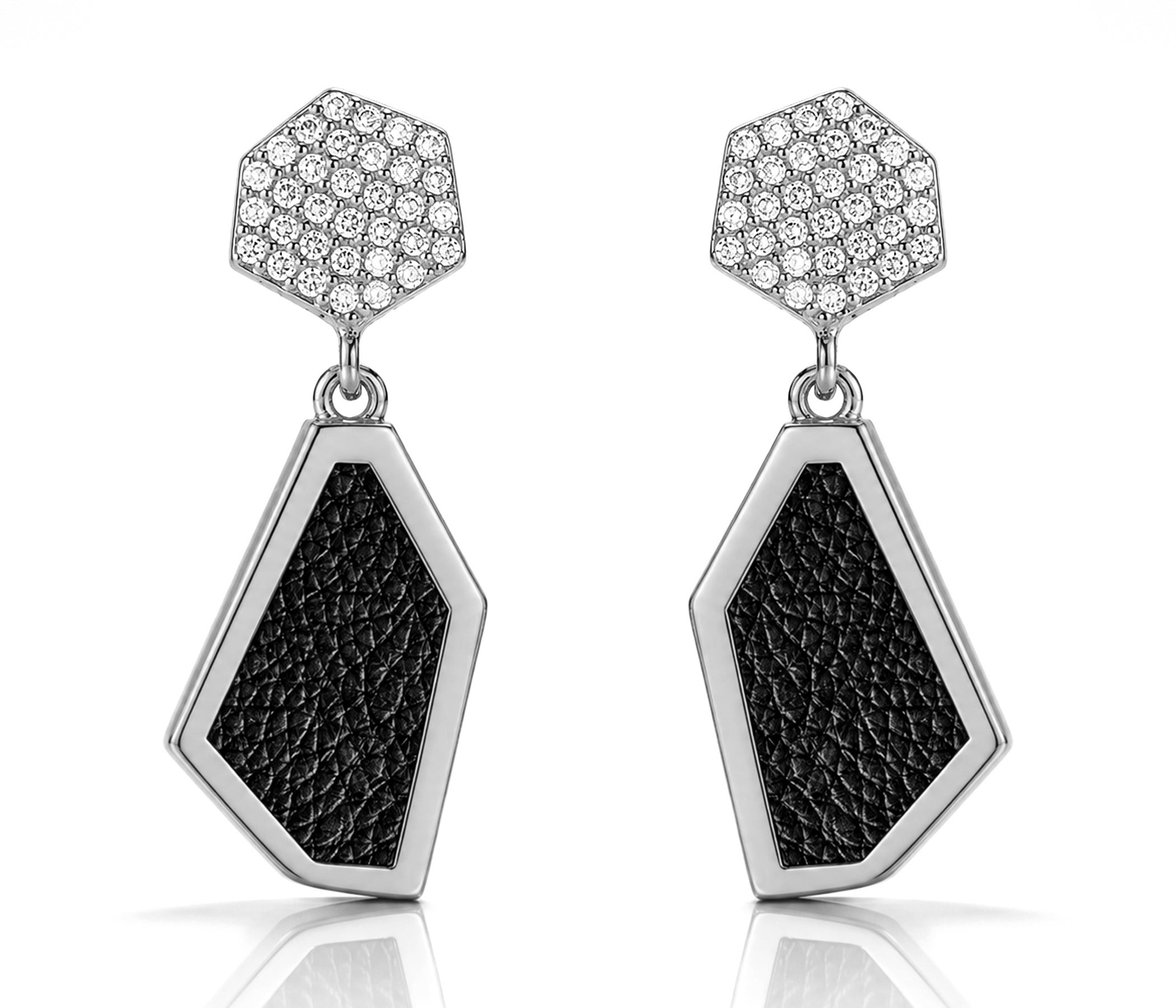 Double Hexagon Leather Inlay Silver Earrings