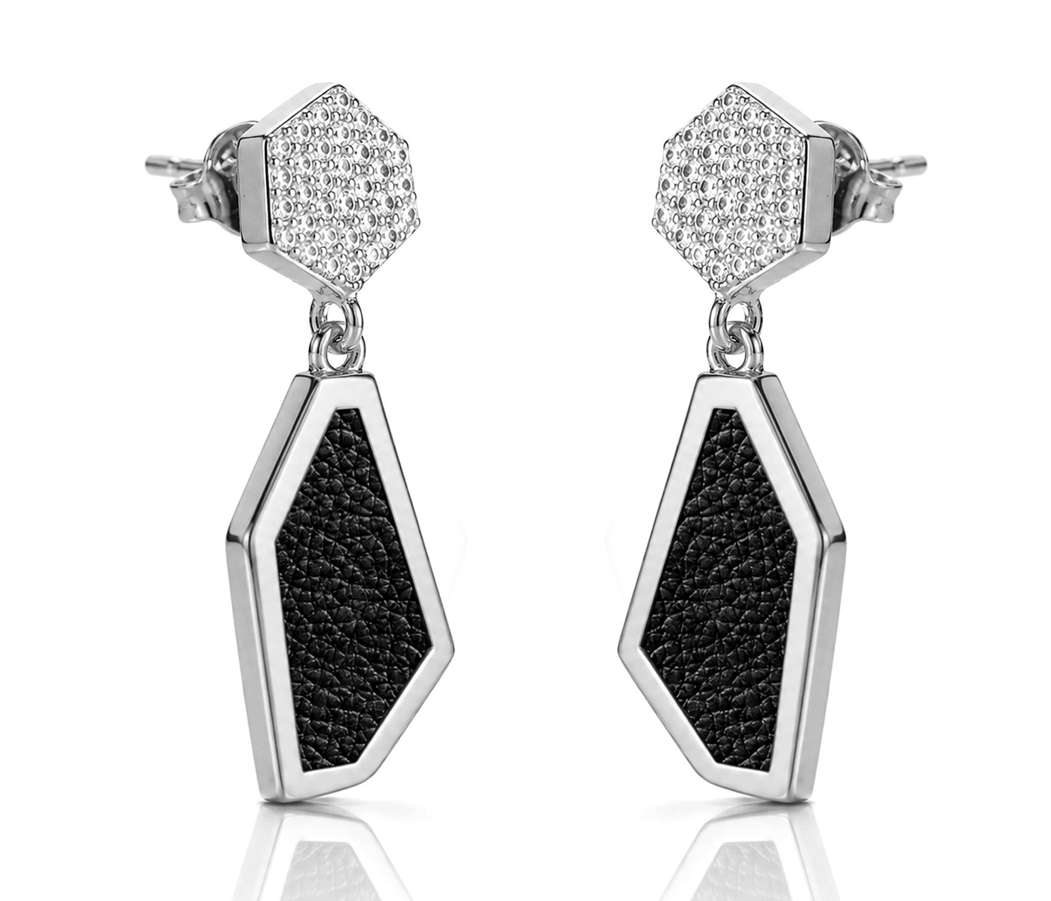 Double Hexagon Leather Inlay Silver Earrings