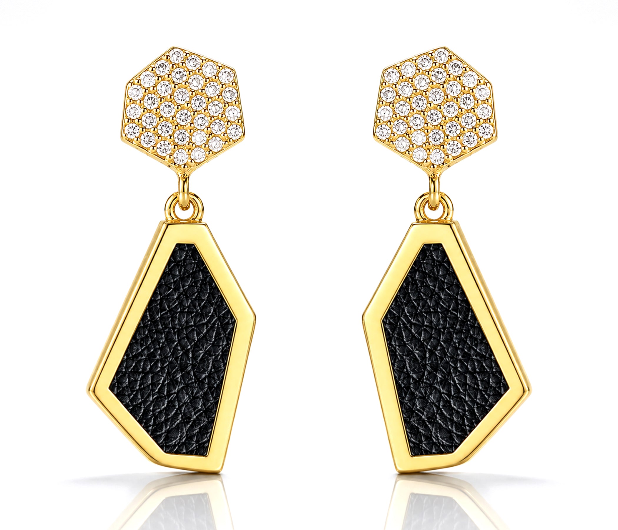 Double Hexagon Leather Inlay Gold Earrings