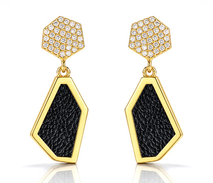 Double Hexagon Leather Inlay Gold Earrings