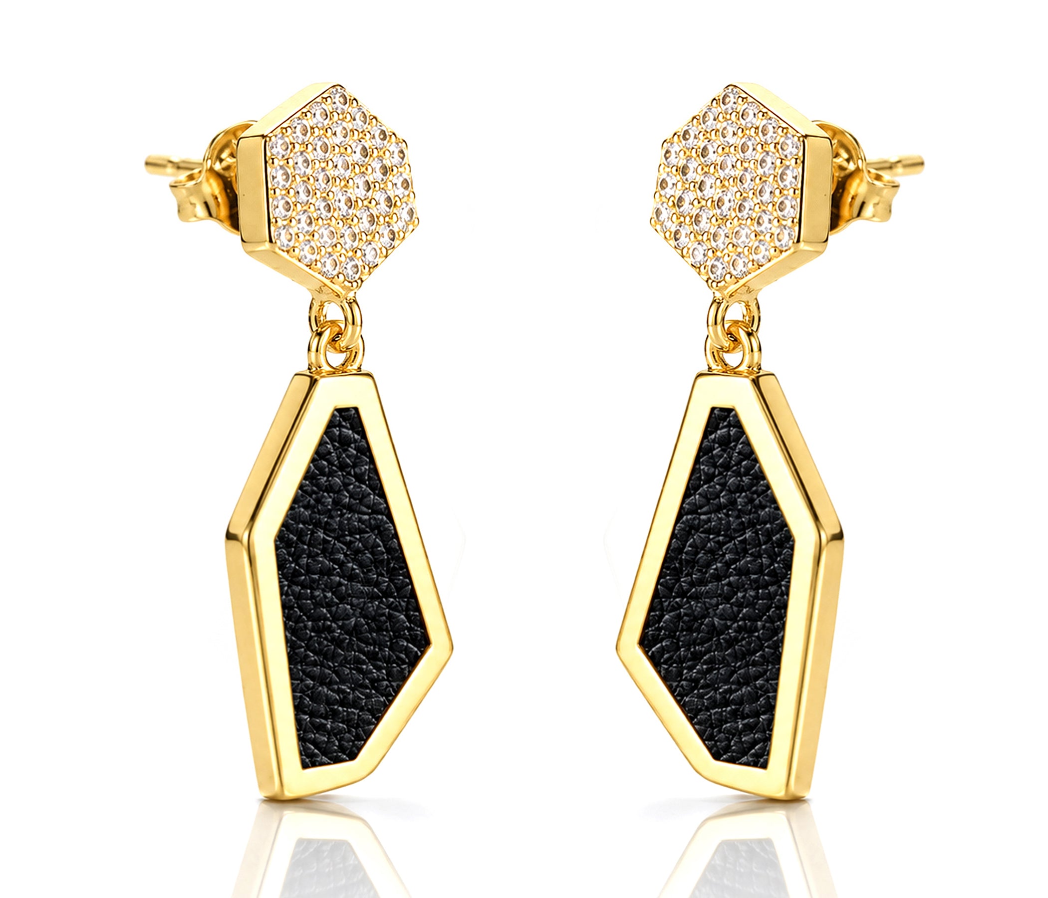 Double Hexagon Leather Inlay Gold Earrings