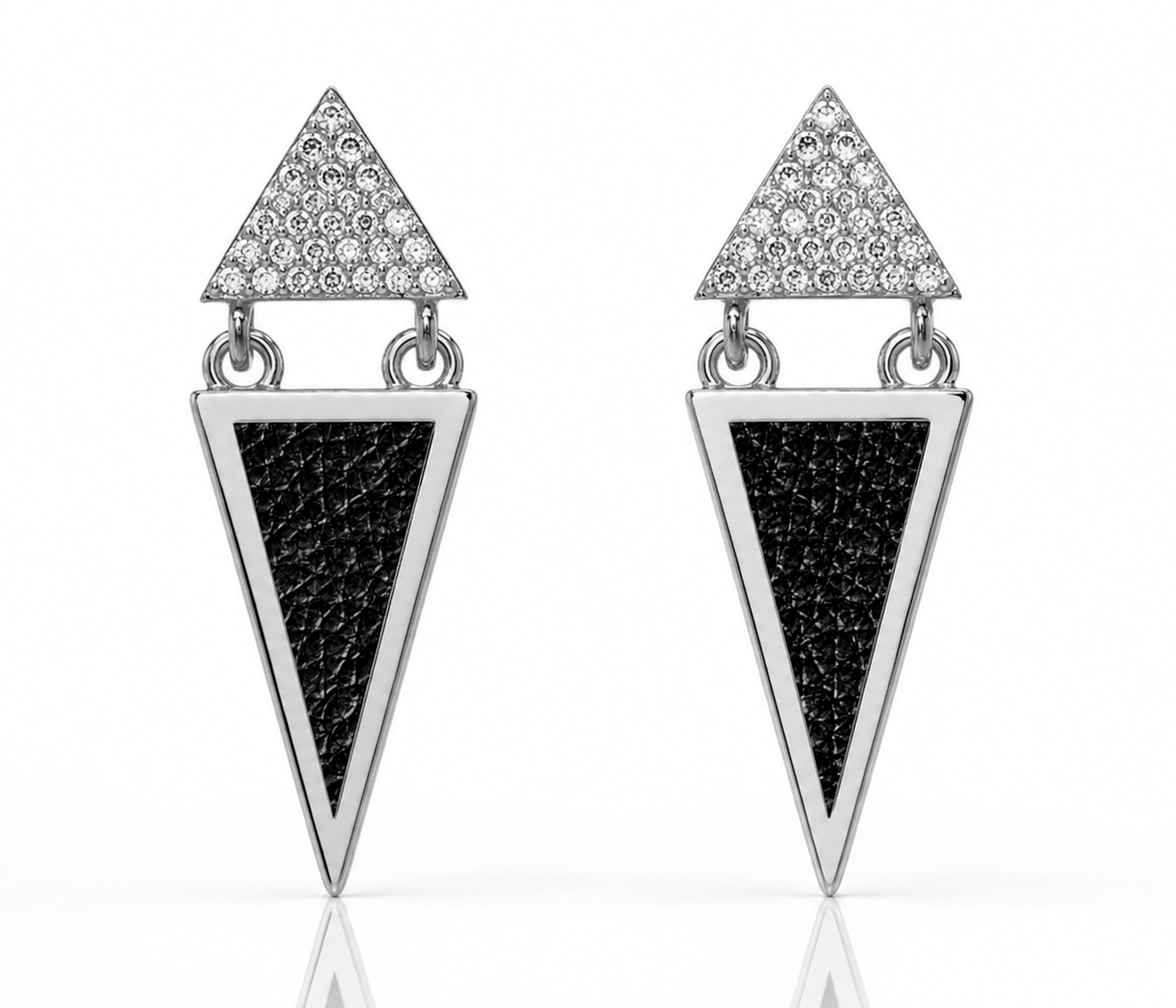 Double Triangle Leather Inlay Silver Earrings