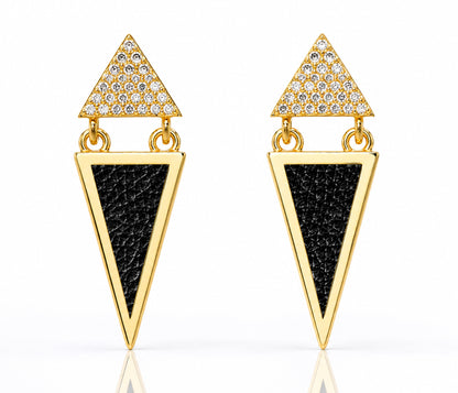 Double Triangle Leather Inlay Gold Earrings