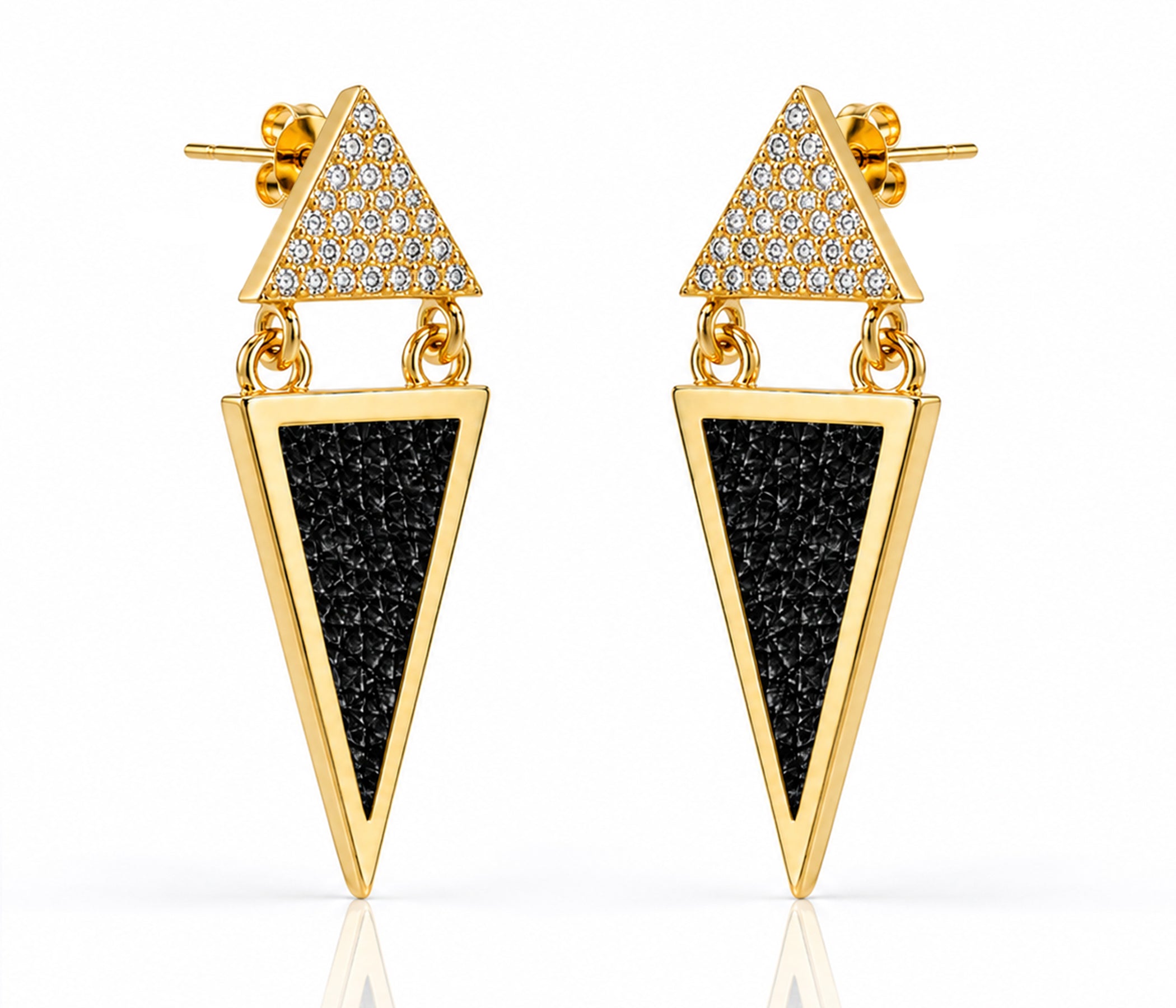 Double Triangle Leather Inlay Gold Earrings
