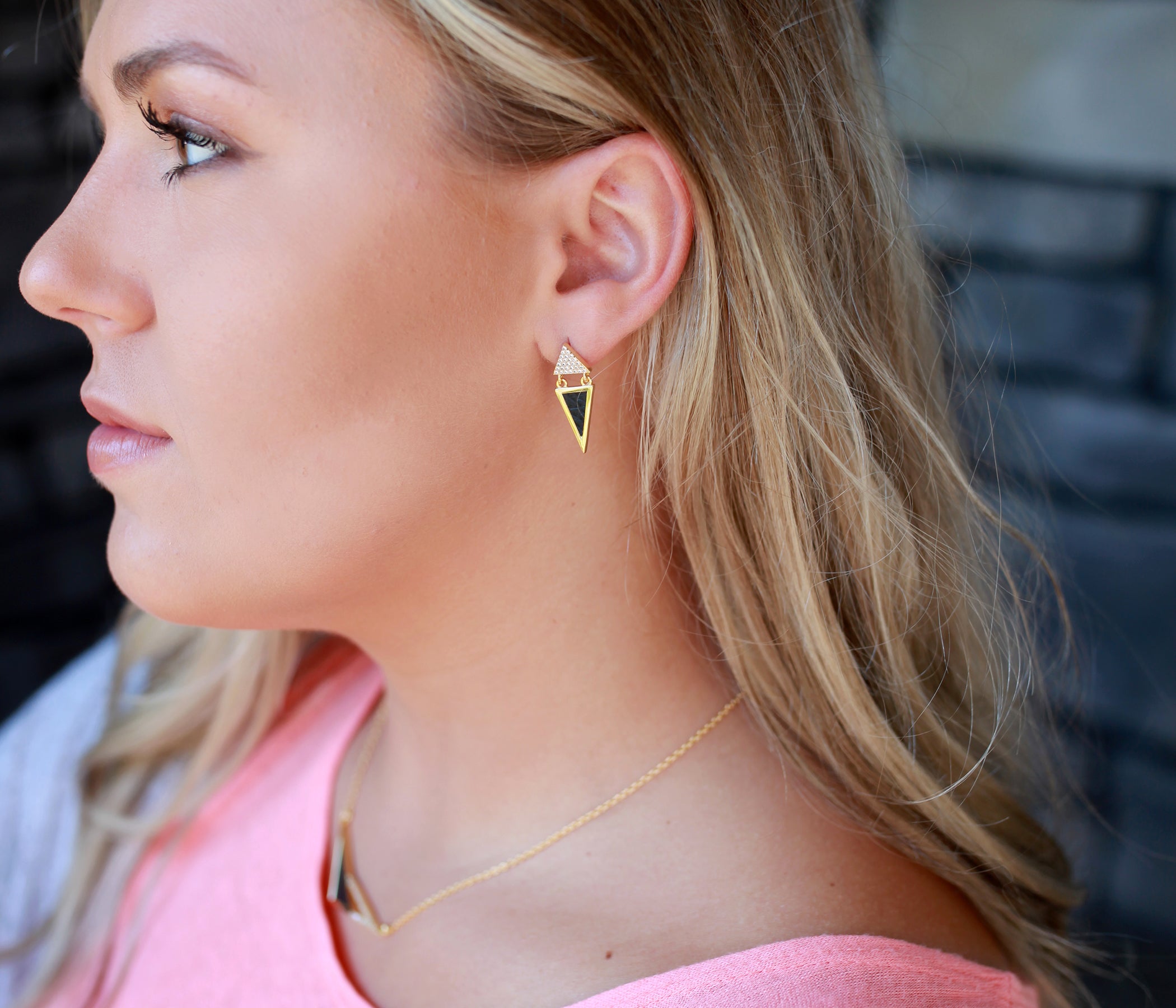 Double Triangle Leather Inlay Gold Earrings