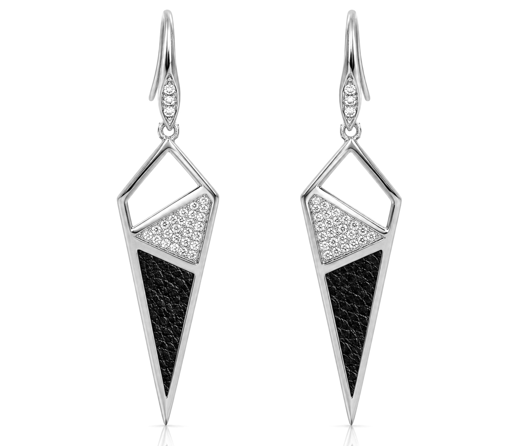 Dagger Leather Inlay Crystal Silver Earrings