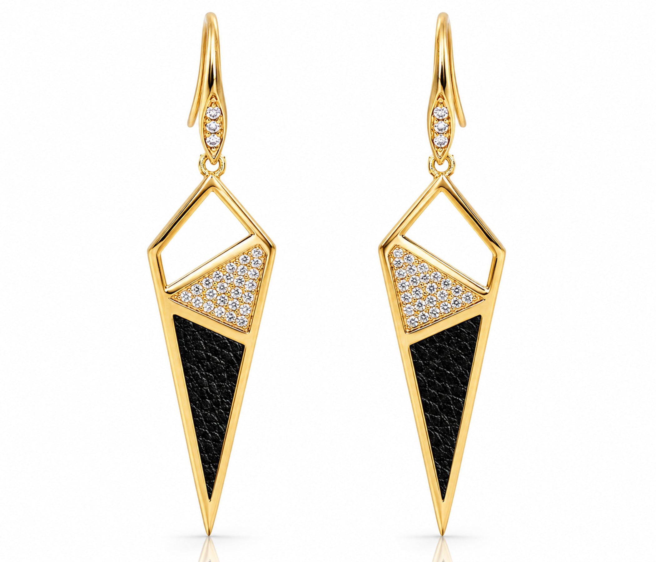 Dagger Leather Inlay Crystal Gold Earrings